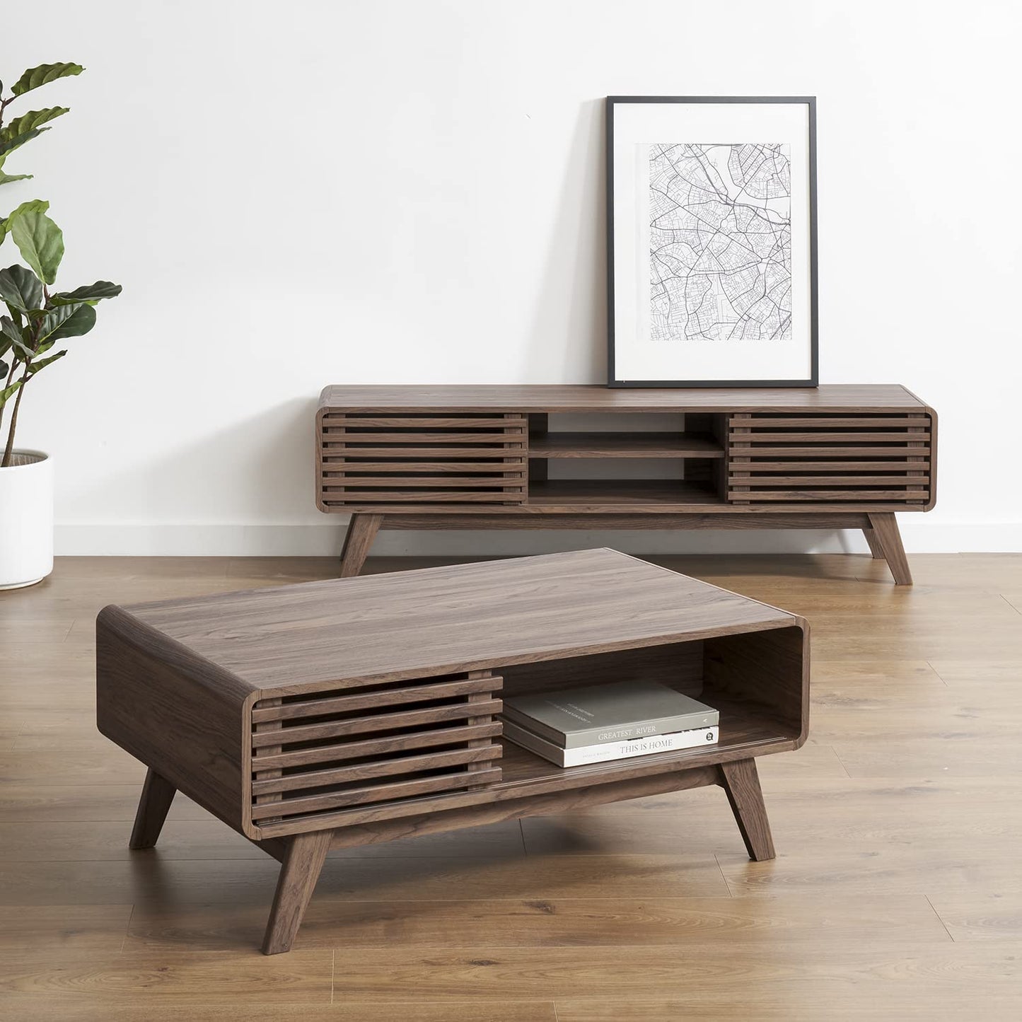Ensley Mid Century Modern Coffee Table with Storage (59" TV Stand, Walnut)